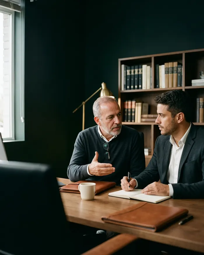 Profissional experiente orientando um colega numa mesa de trabalho